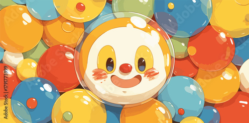 Wektorowa ilustracja uśmiechniętej postaci klauna w przezroczystej bańce, otoczonej mnóstwem kolorowych, błyszczących kulek, tworząca radosne i dziecięce tło.