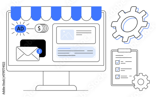 Computer monitor with store awning, email, ad block, cash coins, checklist, and gears. Ideal for e-commerce, digital marketing, advertising online tools workflow analytics simple flat metaphor