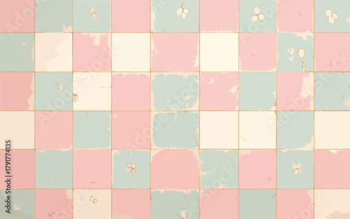 Wektorowa tekstura starych, pastelowych płytek ceramicznych w odcieniach różu, błękitu i bieli, idealna na retro tło.