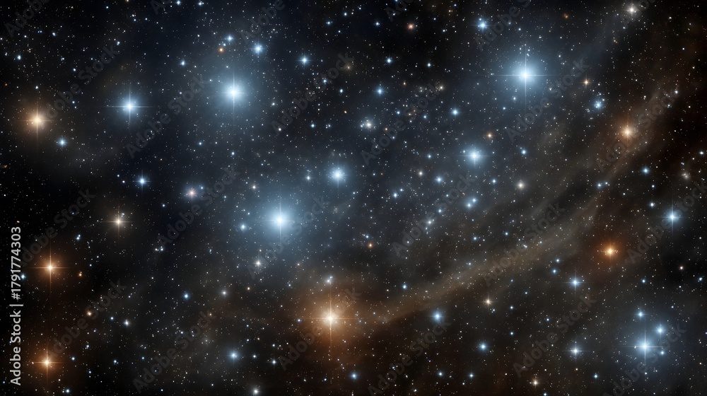 Fototapeta premium A breathtaking view of a dense star cluster illuminated by bright celestial bodies and wisps of cosmic dust and nebulae against a dark background