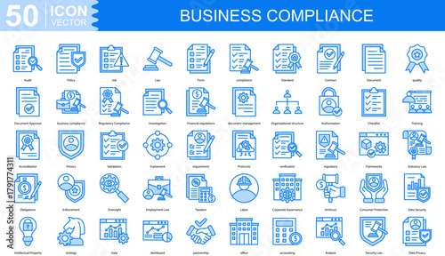 business compliance icon collection set. Containing Audit, Policy, risk, Law, Form, compliance, Standard icon