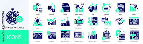 Business analytics icon collection set. Containing Process, Productivity, Secure, Market Analysis, Time, Operation icon