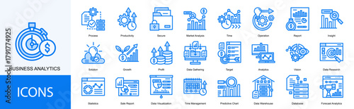 Business analytics icon collection set. Containing Process, Productivity, Secure, Market Analysis, Time, Operation icon