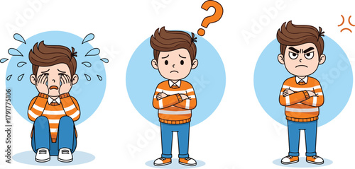 Cartoon boy showing crying, confusion, and anger emotions with expressive face, striped sweater, emotional behavior, child psychology, mood illustration set