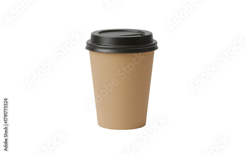 An empty craft paper coffee cup with a black plastic lid, set against a white background. 3D rendering.

