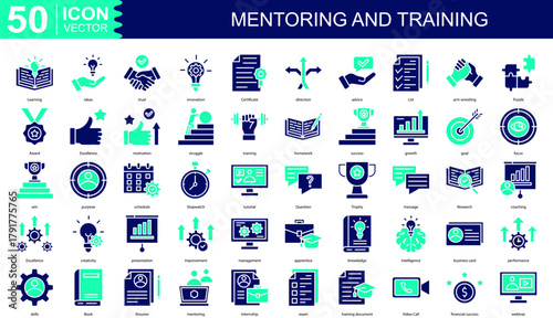 Mentoring and Training icon collection set. Containing Learning, ideas, trust, innovation, Certificate, direction icon