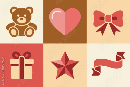 Detailed flat vector icons for holiday gifts, showing teddy bear, ribbon, star, representing sweet gestures and cute presents,