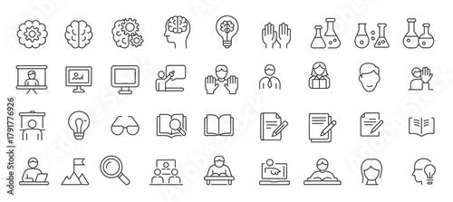 Education and Science Line Icons Set – Outline Vector Pack with School, Learning, Research, Knowledge, Laboratory, Teacher, Student, and Innovation Symbols for Education Apps, Websites, and Infographi