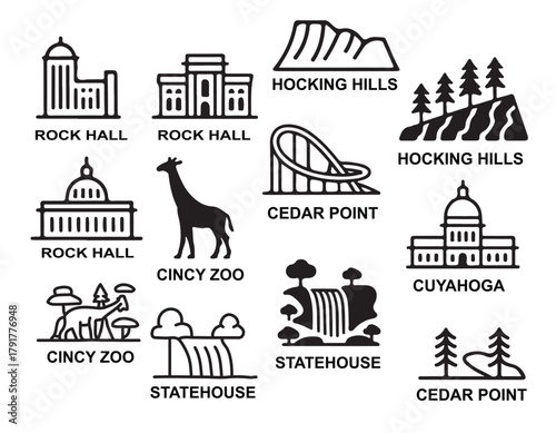 Ohio Landmarks and Attractions Vector Icons Set – Outline Illustrations of Rock and Roll Hall of Fame, Hocking Hills, Cuyahoga, Cedar Point, Statehouse, and Cincinnati Zoo for Travel, Tourism, and Cit