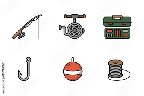 Detailed flat vector icons for sport fishing, showing rod, hook, reel, representing equipment for freshwater and saltwater angling,