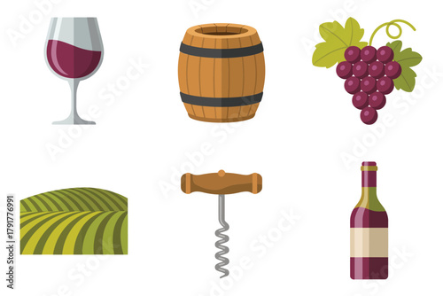 Flat vector icons for wine making, featuring glass, barrel, grapes, representing harvest and viticulture elements,