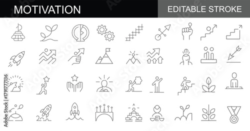 Motivation line icon set. Positive, challenge, teamwork, personal growth, etc. Editable stroke. Vector illustration