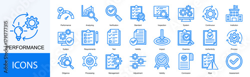 performance icon collection set. Containing Analyzing, Verification, Standard, Inspection, System, Continuous icon