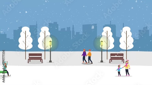 People Walking and Enjoying a Snowy Day in a City Park during Winter cartoon animation