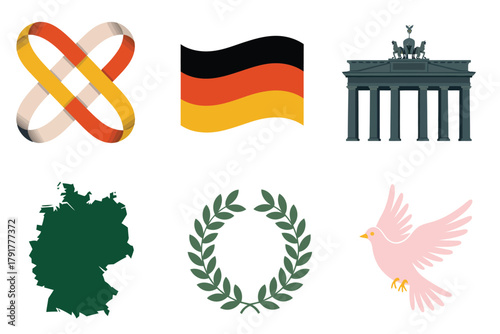 Flat vector icons for country, featuring flag, map, Berlin Gate, representing German culture and landmarks,
