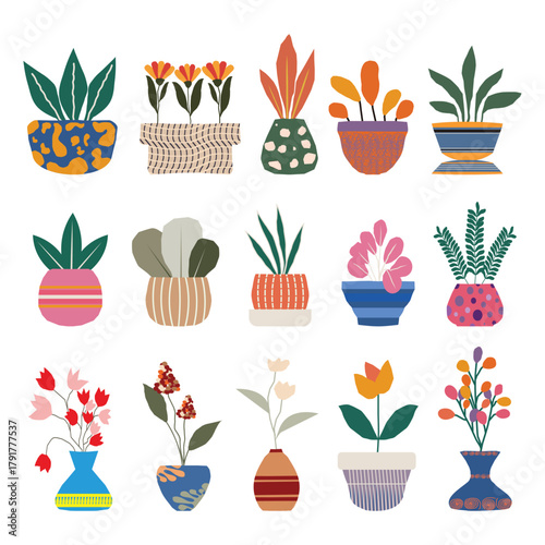 Boho Potted Plant Illustrations, Colorful Indoor Houseplants in Decorative Pots Vector Set