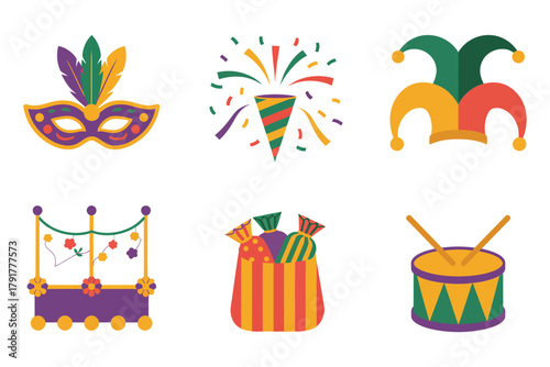 Flat vector icons for festival, featuring masks, confetti, drum, representing Mardi Gras and street party celebration,