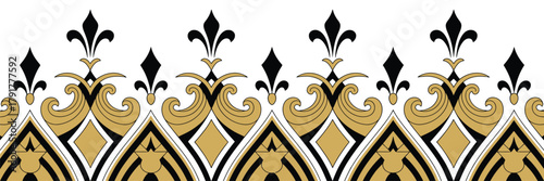 Gold vintage border, decorative frame design, ornate pattern, elegant carpet and textile decoration, classic ornamental vector illustration.