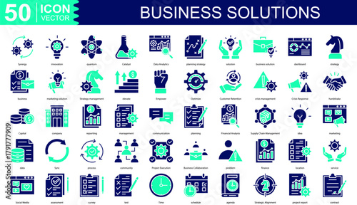 Business Solutions icon collection set. Containing Synergy, innovation, quantum, Catalyst, Data Analytics, planning strategy, solution icon
