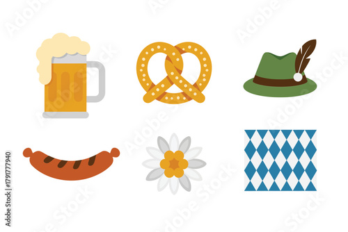 Flat vector icons for festival, featuring beer, pretzel, sausage, representing Bavarian culture and German celebration,
