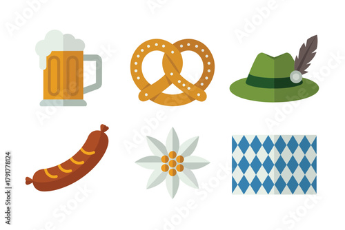 Detailed flat vector icons for folk festival, showing beer, pretzel, hat, representing Bavarian food and culture elements,