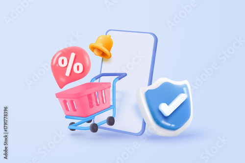 3d mobile phone with price tags for online shopping concept. Basket with promotion tag discount coupon of cash for future, special offer promotion. 3d price tags icon vector render illustration