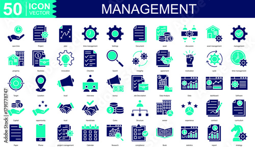 management icon collection set. Containing Project, plan, time management, Settings, Document, asset, discussion icon