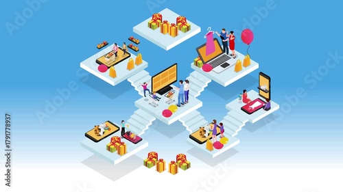 Omnichannel E-commerce Customer Journey with People Shopping Online Across Multiple Devices and Digital Platforms 3d animation cartoon