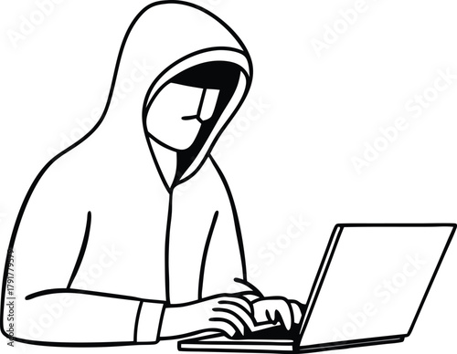 Computer hacker in hoodie typing laptop silhouette isolated on transparent background