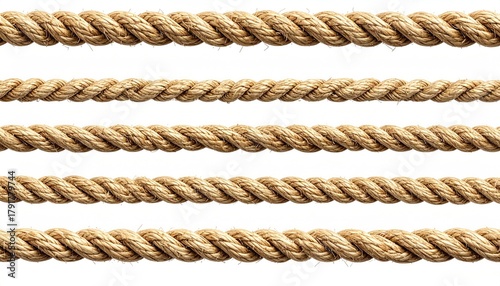 Five strands of thick, twisted, tan rope on white