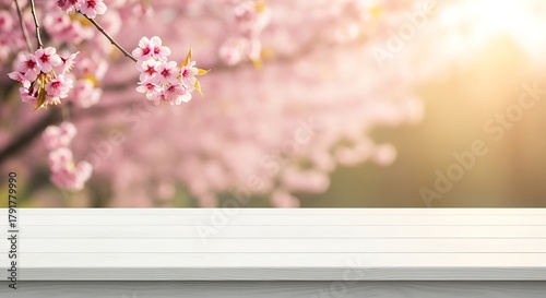 Empty white table top with blurred pink cherry blossom flower in spring