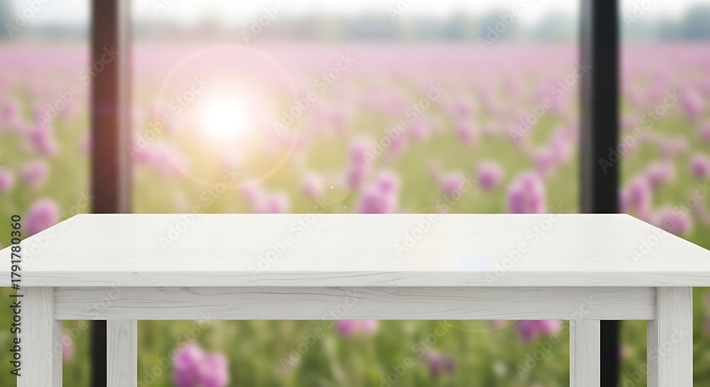 Fototapeta premium White wooden table with blurred pink flower field background in the window