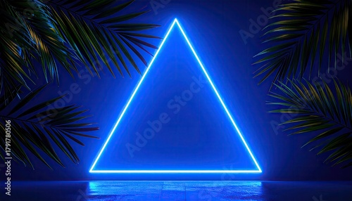 Neon triangle framing lush palm fronds on a blue backdrop