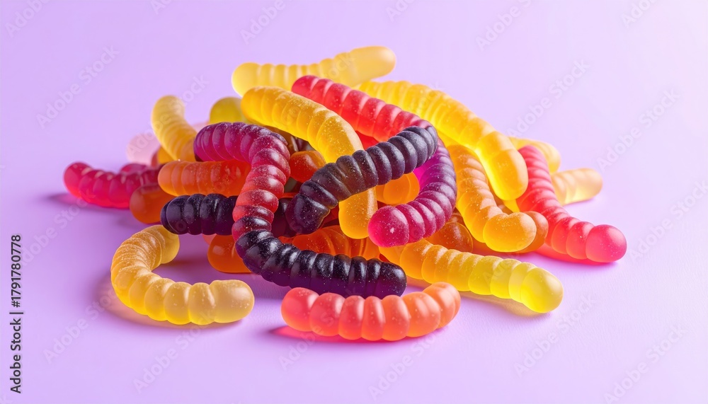 Naklejka premium Pile of gummy worms on light purple backdrop, close-up shot