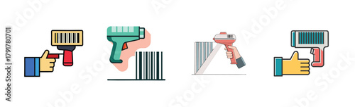 Four different illustrations depicting hands holding barcode scanners, emphasizing product identification and inventory management processes