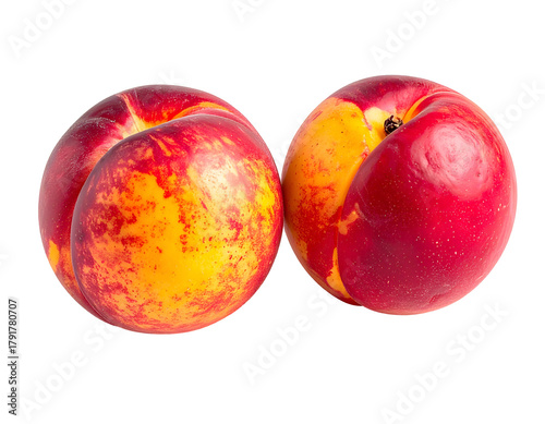 Two ripe, round nectarines with red and yellow skin