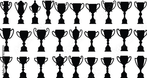 Set of trophy cup silhouette vector illustrations, award collection design for competition, success achievement, sports and victory concept, black flat graphic art