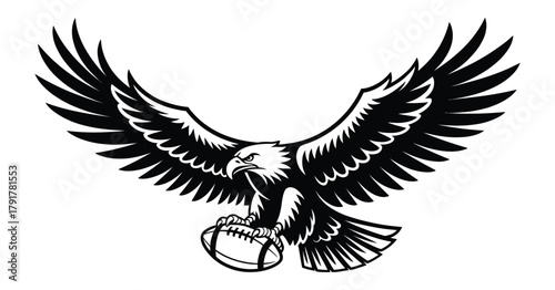 Majestic bald eagle silhouette. carrying american football in talons, dynamic sports and patriotism concept