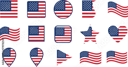 WebCreative U.S. Flag Variations in Multiple Shapes Including Star, Heart, Circle, Pin, Wave, Patriotic Icons for Design and Identity