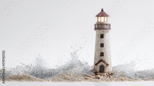 Miniature Lighthouse with Splashing Waves on White Background