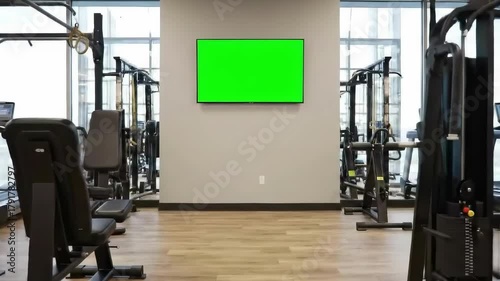 Modern Gym Interior with Green Screen Display for Customization.