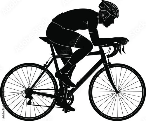 Silhouette of Road Cyclist in Racing Posture with Helmet, Drop Handlebars, Thin Tires, Athletic Gear, Speed and Motion Concept