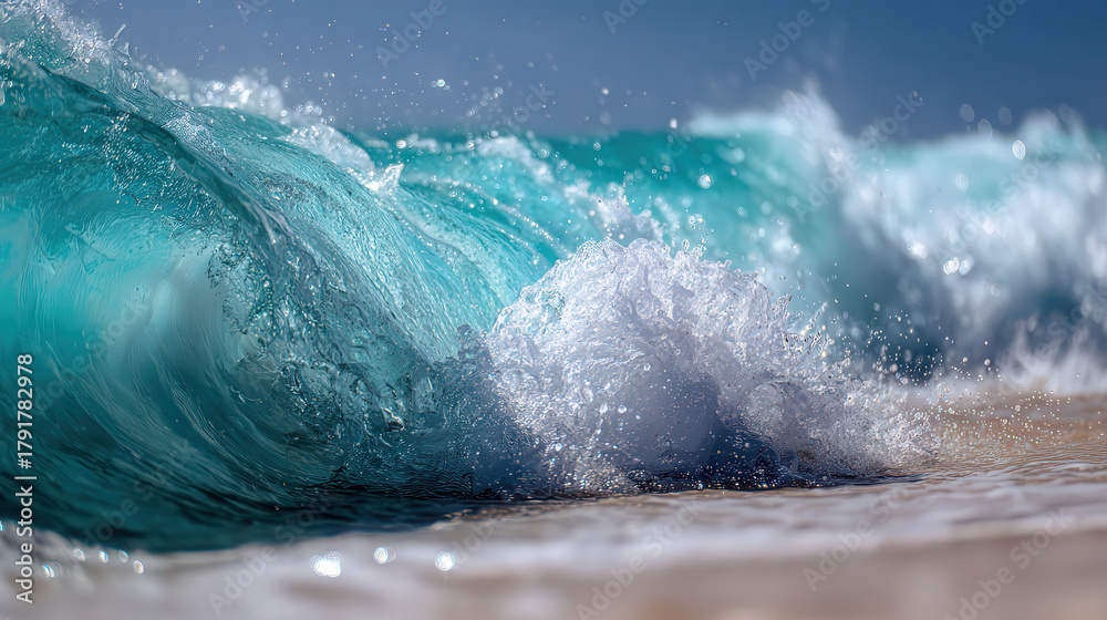 Fototapeta premium Powerful turquoise ocean wave crashing on sandy shoreline