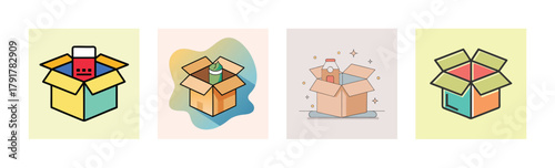 Set of open cardboard box icons with various products, illustrating shipping, delivery, and unboxing processes