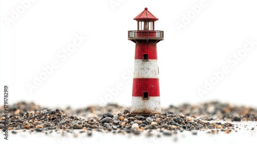 Miniature Red and White Lighthouse on Pebbled Ground on white background 