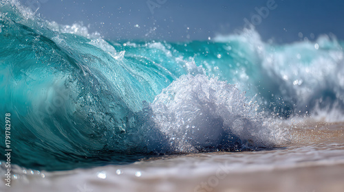 Fototapeta Naklejka Na Ścianę i Meble -  Powerful turquoise ocean wave crashing on sandy shoreline