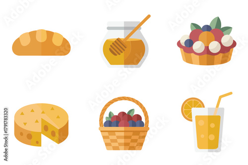 Flat vector icons for fresh food, featuring honey, cheese, fruit, representing organic eating and nutritious meals,