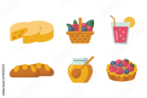 Flat color icons for fresh organic food, illustrating bread, juice, honey, representing healthy eating and morning snacks,