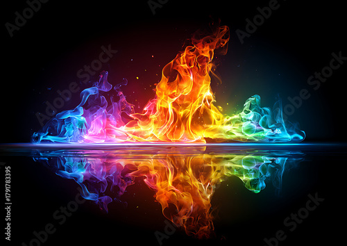 Dynamic colorful smoke and flame mix in red, blue, green, orange tones over black backdrop, abstract motion concept with bright light and artistic energy flow