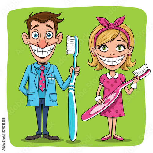 Happy cartoon couple/dentists showing huge white smiles and holding oversized toothbrushes.